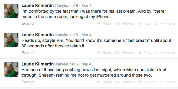 Tweets by Laurie Kilmartin after her father died. 